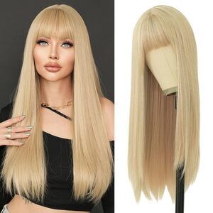 27in Natural Heat Resistant Fiber Synthetic Layered Straight Light Blonde Wigs